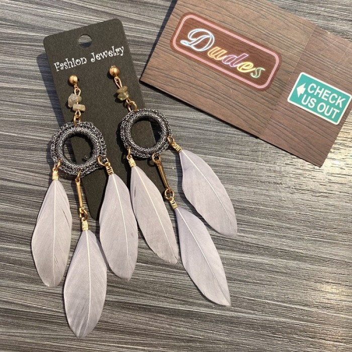 Earrings Silver Ring Feather Grey